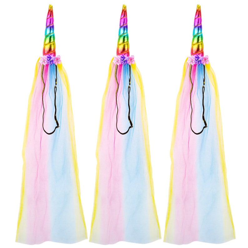 3 Ct Imagine-Fly Rainbow Unicorn Horn Headband Long Tulle - Girls Women Cute Birthday Party, Bridal &amp; Baby Shower, Halloween Costume Cosplay