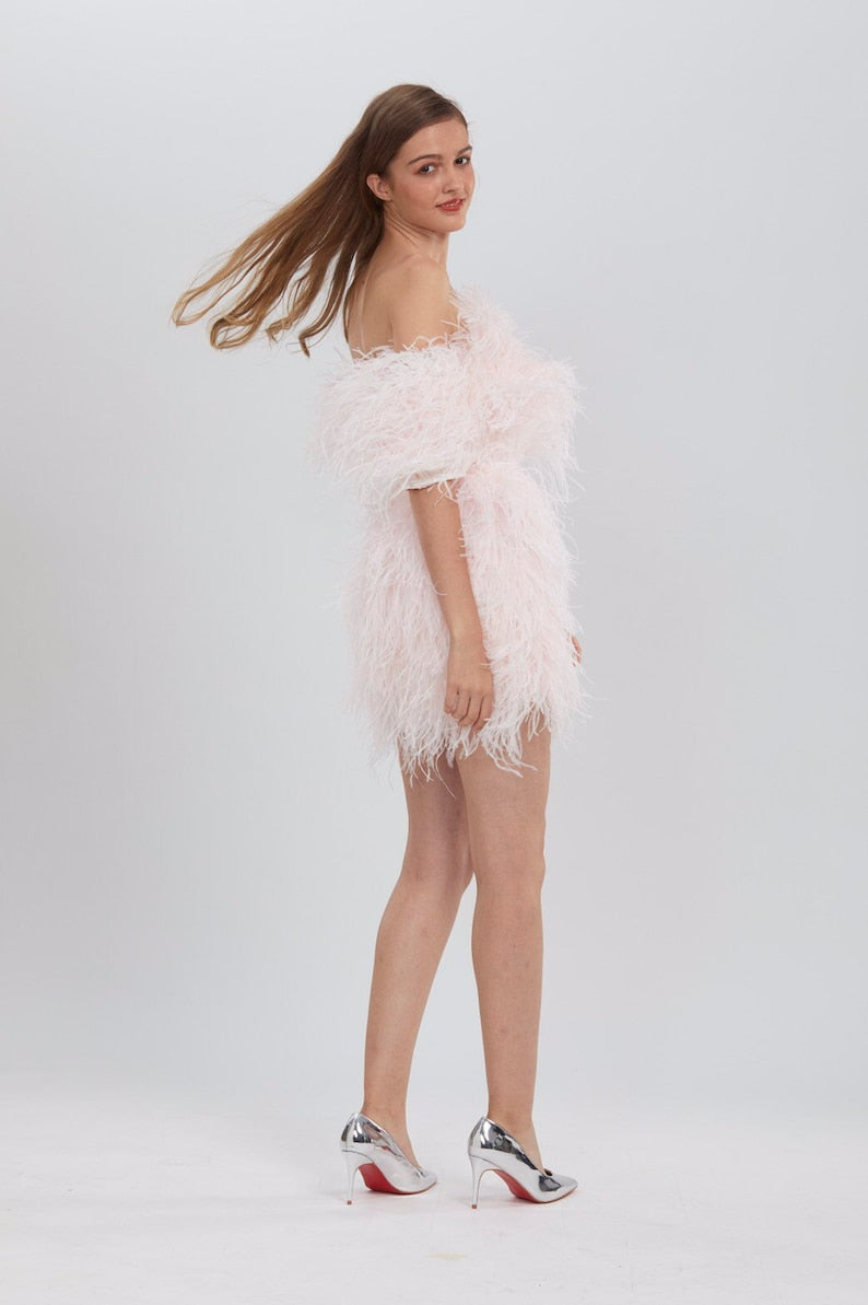 Sophie Pink Off The Shoulder Feather Wedding Dress Feather Cocktail Dress for Women
