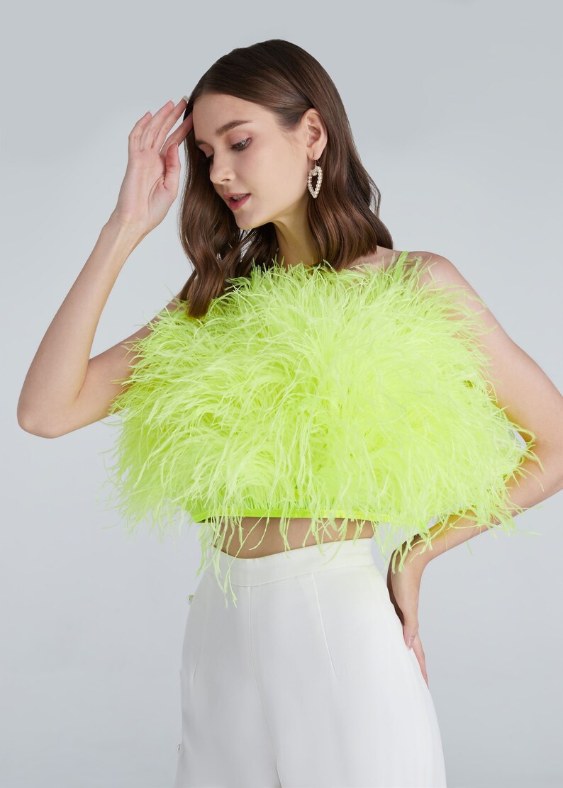 Gina Neon Green Feathers Top, Cocktail Dress for Women,Graduation Gift,Personalized Gift,strapless Crop Top