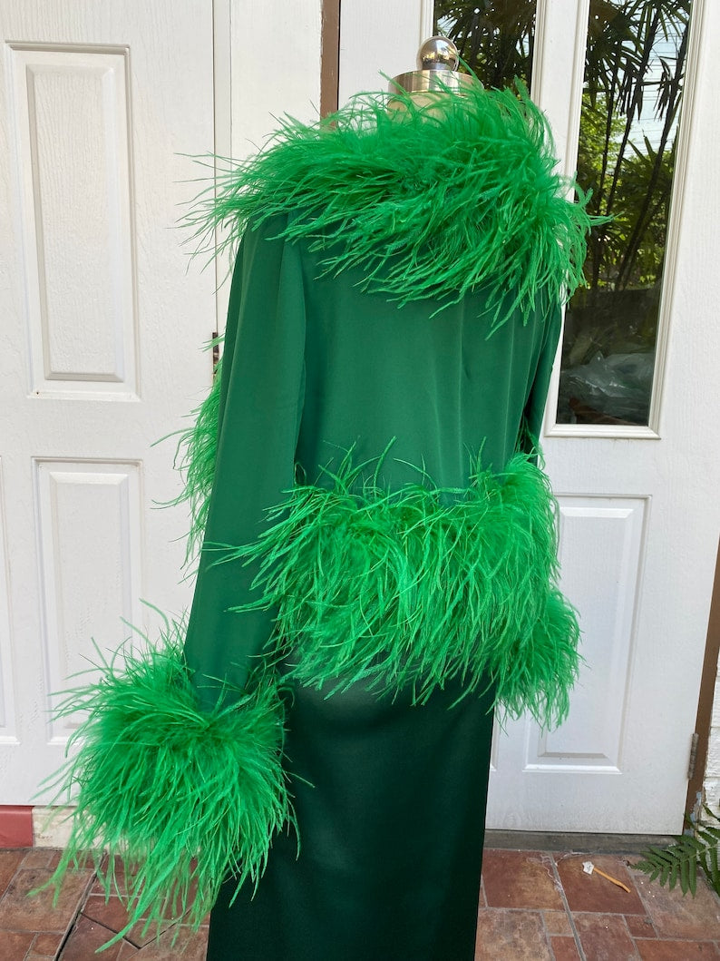 Emerald Green Feathers Bolero Jacket and Long Skirt for Women,Festive Dress,Christmas Dress,Reception Wedding Dress,Wedding Guest Dress