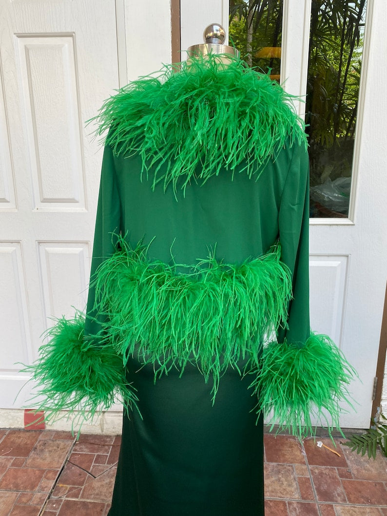 Emerald Green Feathers Bolero Jacket and Long Skirt for Women,Festive Dress,Christmas Dress,Reception Wedding Dress,Wedding Guest Dress