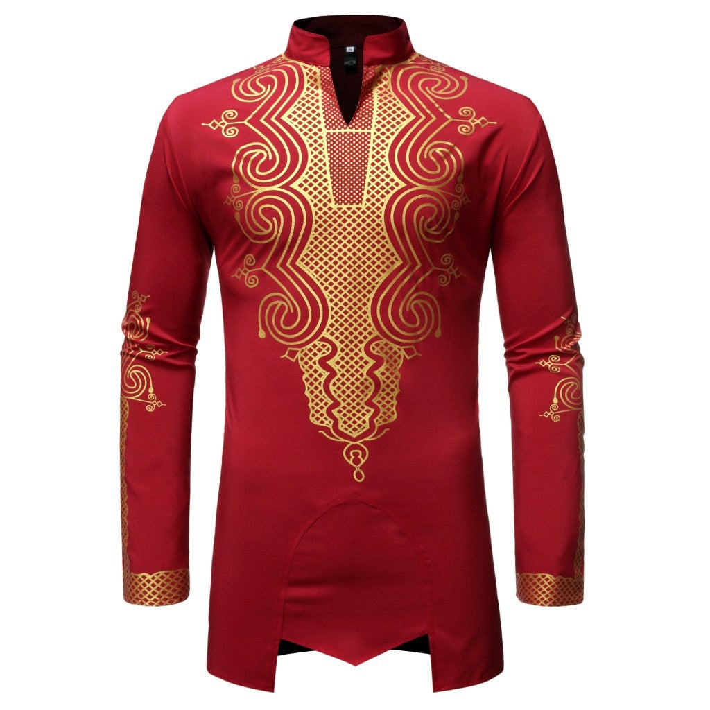 Black African Dashiki Shirt Men  Brand Streetwear Casual African Clothes Men Metallic Gold Print Africa Shirt Male