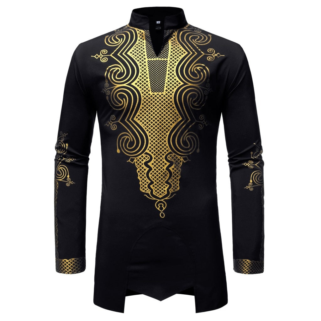 Black African Dashiki Shirt Men  Brand Streetwear Casual African Clothes Men Metallic Gold Print Africa Shirt Male