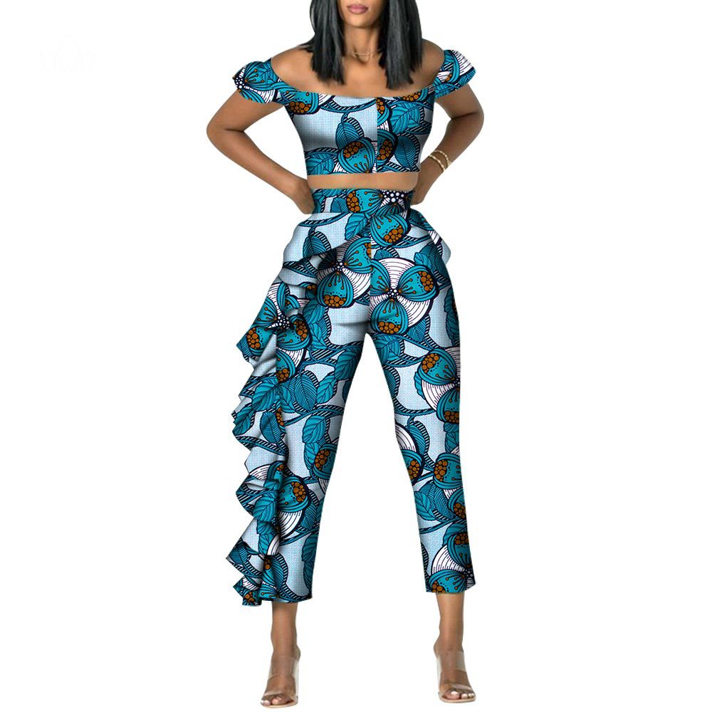 Cerecloth Women&#39;s off-Shoulder Top Pants Suit Cotton Ankara African National Style Suit