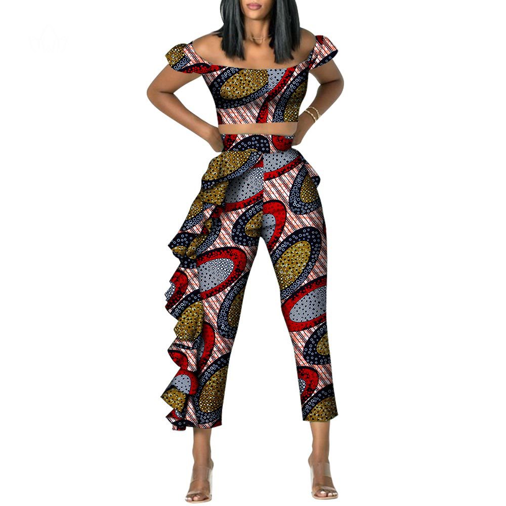 Cerecloth Women&#39;s off-Shoulder Top Pants Suit Cotton Ankara African National Style Suit